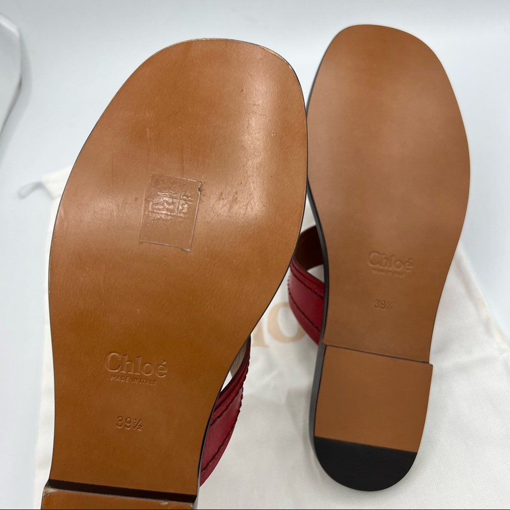 CHLOE Demi Leather Slide Flat Sandals Size EU 39.5 US 9.5 Red Tan Gold hardware - Picture 6 of 8
